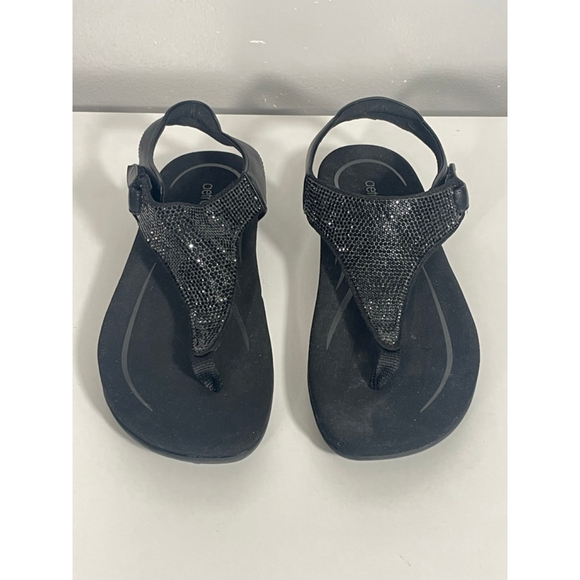 Size 8.5 Aetrex Kelly Orthotic thong sandal Velcro strap Black shimmery bling - Picture 1 of 7